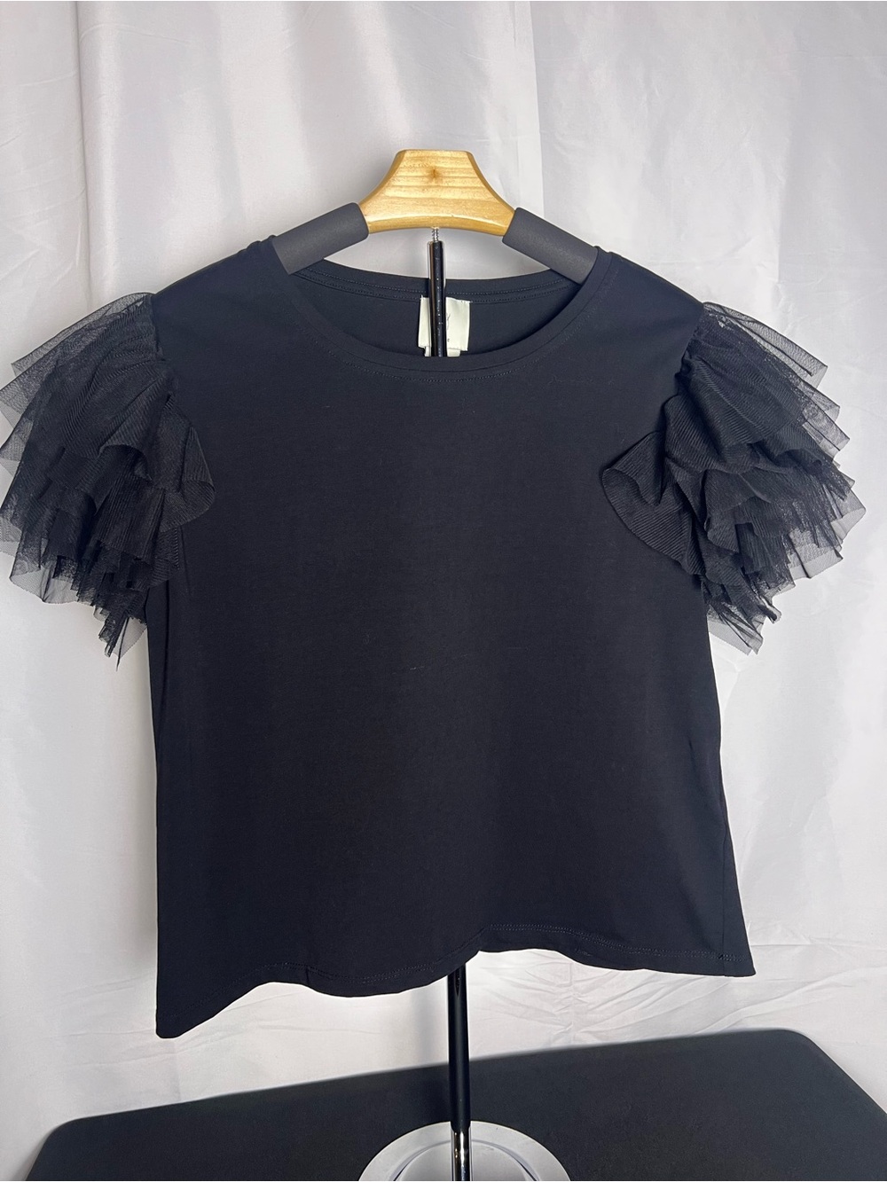 Joie Flirty Ruffled Tiered Tulle Short Sleeve Black Cotton Top L